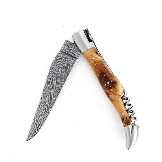 Laguiole 12 cm Abeille Forgée Double Platine manche en bois de cade tire-bouchon et deux mitres inox lame damas