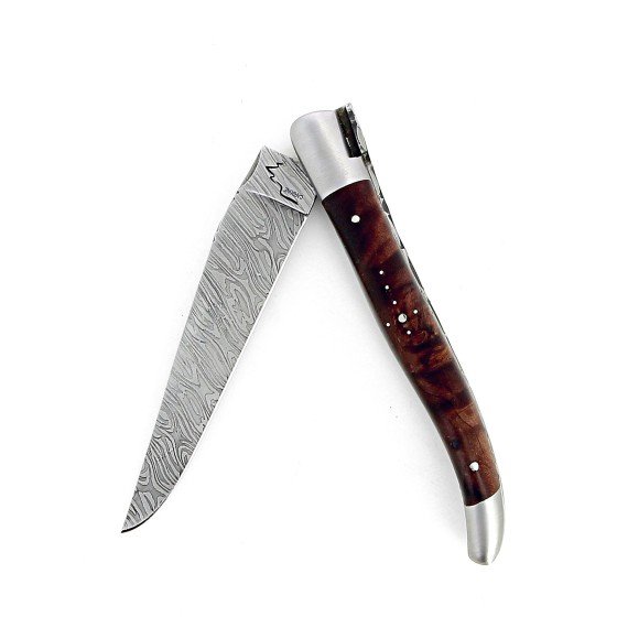 Laguiole 12 cm Abeille Forgée Double Platine manche en bois de fer lame damas carbone explosion