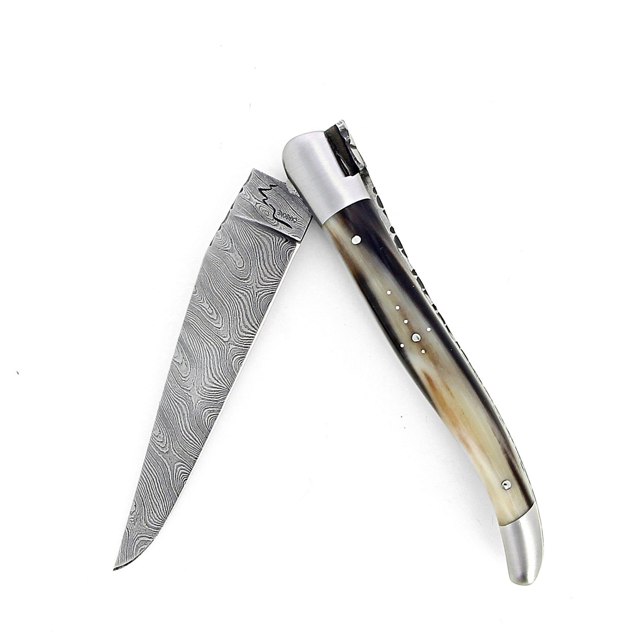 Laguiole 12 cm Abeille Forgée Double Platine manche en corne massive blonde et deux mitres inox lame damas carbone torsadé