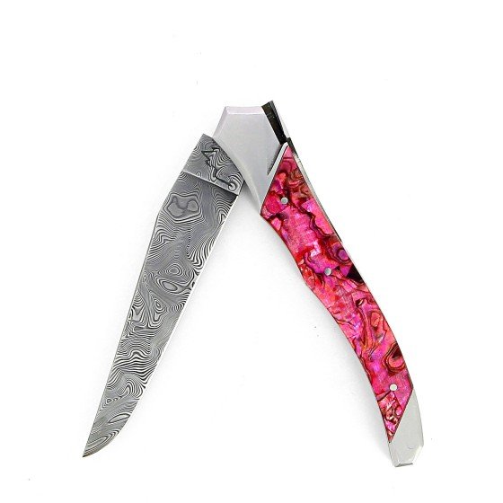 Laguiole Tribal 12 cm Abeille Forgée manche en abalone rouge et deux mitres inox platines guillochées lame damas inox