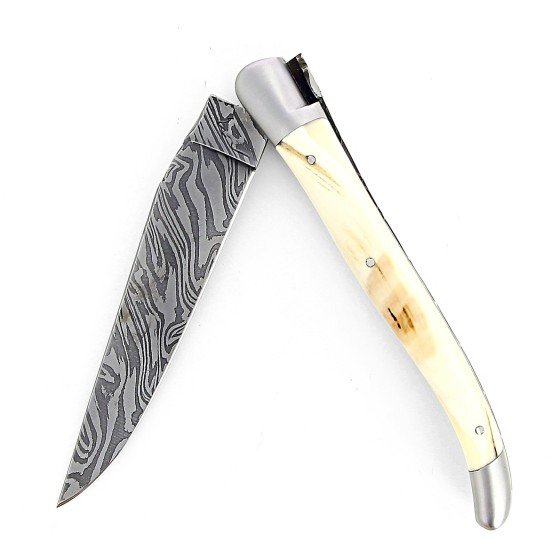 Laguiole 13 cm Abeille Forgée Double Platine manche en dent de phacochère et deux mitres inox lame damas explosion