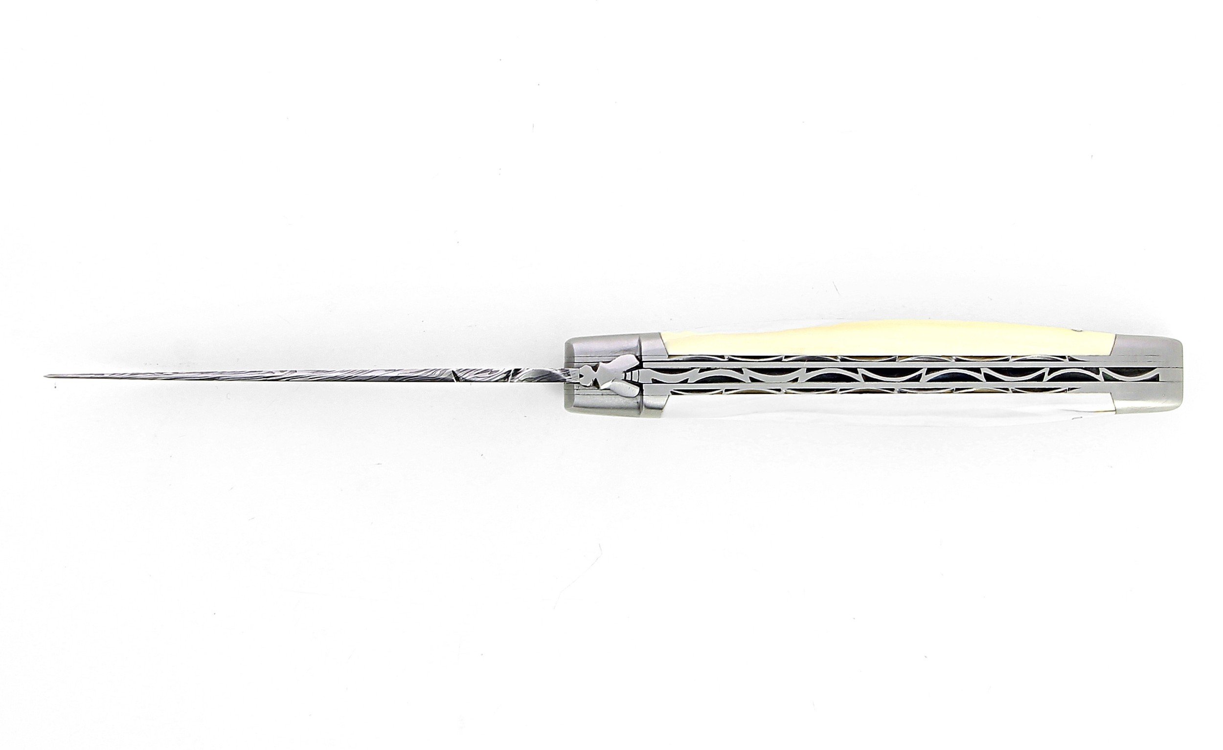 Laguiole 13 cm Abeille Forgée Double Platine manche en dent de phacochère et deux mitres inox lame damas explosion