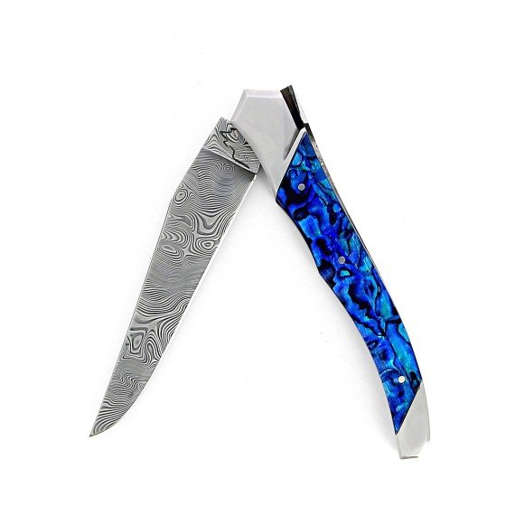 Laguiole Tribal 12 cm Abeille Forgée manche en abalone bleue et deux mitres inox platines guillochées lame damas inox