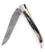 Laguiole 13 cm Abeille Forgée Double Platine manche en corne massive blonde et deux mitres inox lame damas inox