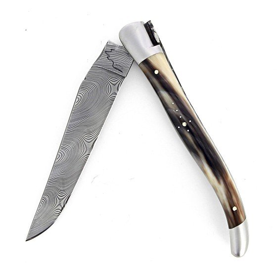 Laguiole 13 cm Abeille Forgée Double Platine manche en corne massive blonde et deux mitres inox lame damas inox