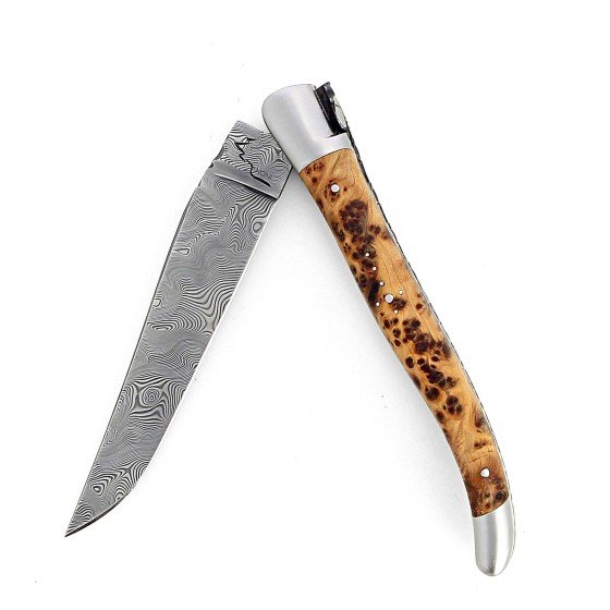 Laguiole 13 cm Abeille Forgée Double Platine manche en bois de cade et deux mitres inox lame damas inox
