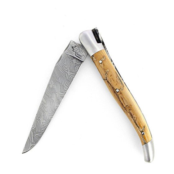 Laguiole 12 cm Abeille Forgée manche en ivoire de mammouth, mitres inox et lame damas explosion