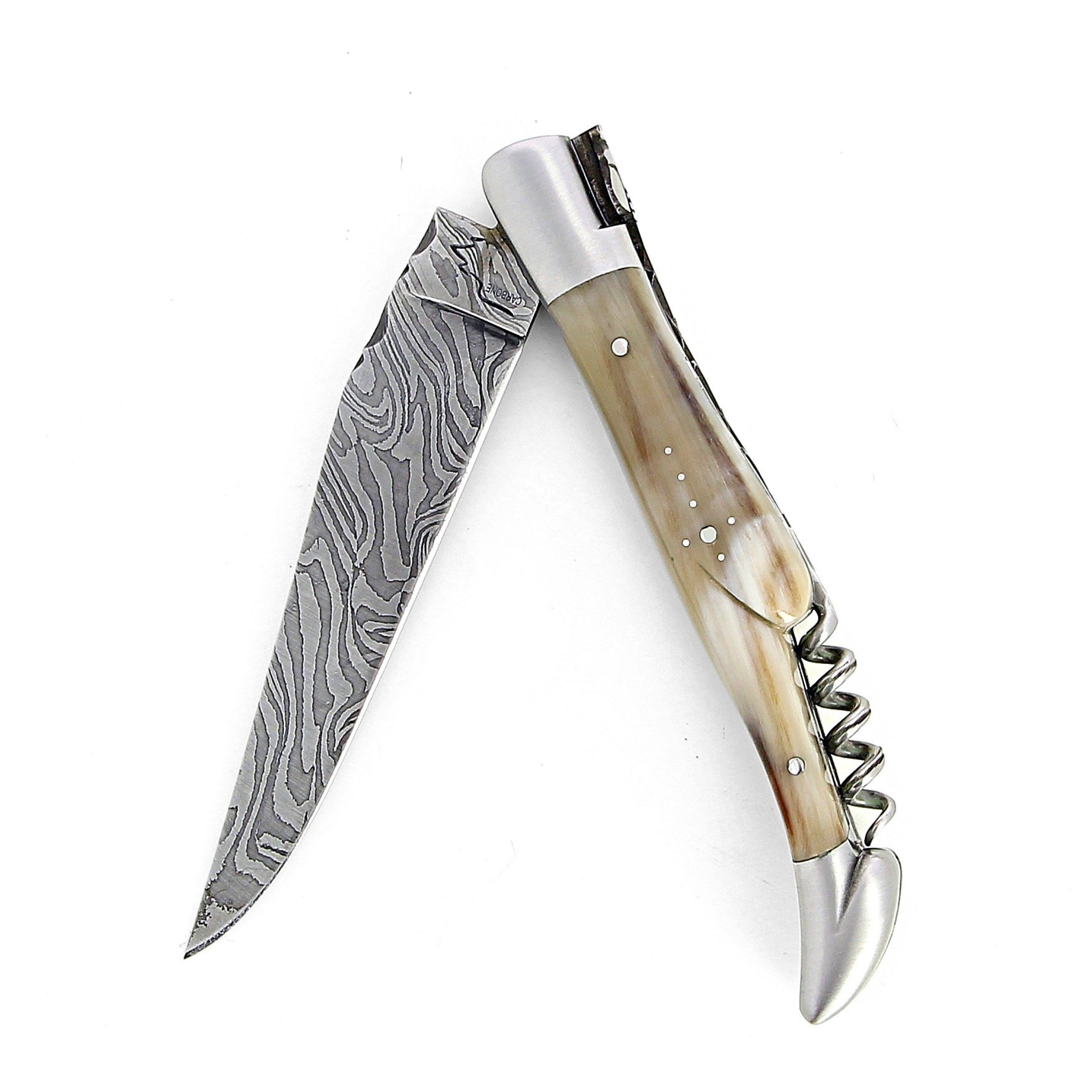 Laguiole 12 cm Abeille Forgée Double Platine manche en corne massive blonde tire-bouchon et deux mitres inox lame damas