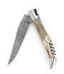 Laguiole 12 cm Abeille Forgée Double Platine manche en corne massive blonde tire-bouchon et deux mitres inox lame damas