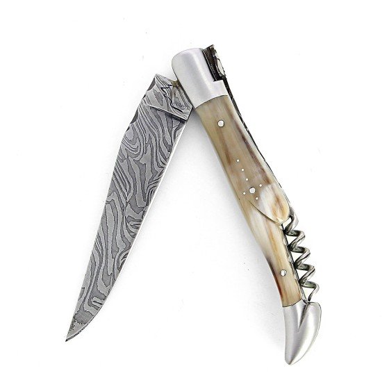 Laguiole 12 cm Abeille Forgée Double Platine manche en corne massive blonde tire-bouchon et deux mitres inox lame damas