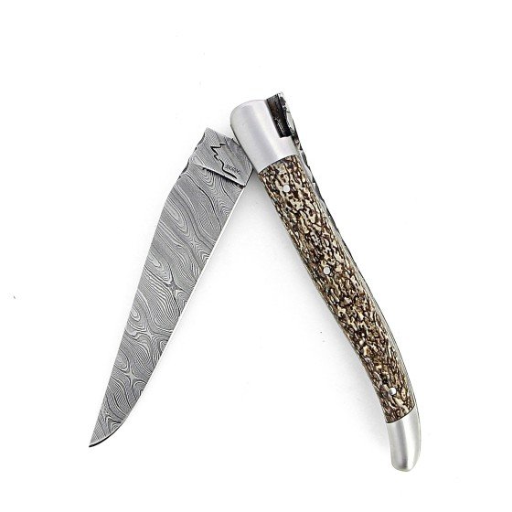 Laguiole 12 cm Abeille Forgée Double Platine manche en os de dinosaure lame damas carbone torsadé