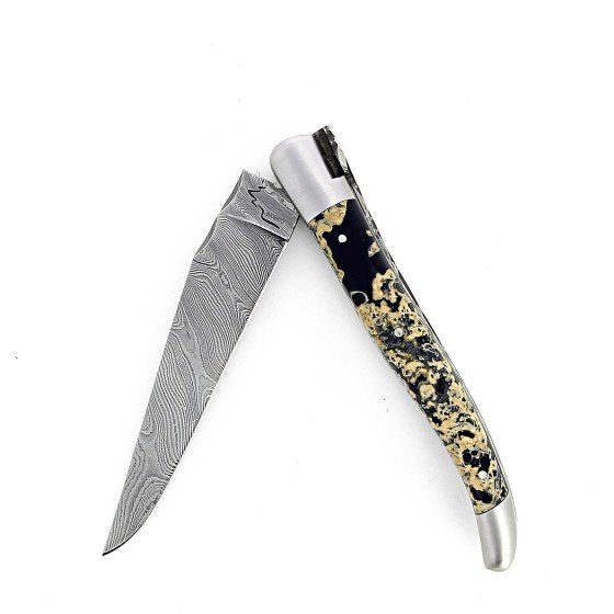 Laguiole 12 cm Abeille Forgée Double Platine manche en pierre de lave et deux mitres inox lame damas inox