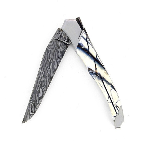 Laguiole Tribal 12 cm Abeille Forgée manche en pulpe de mammouth et deux mitres inox platines guillochées lame damas carbone