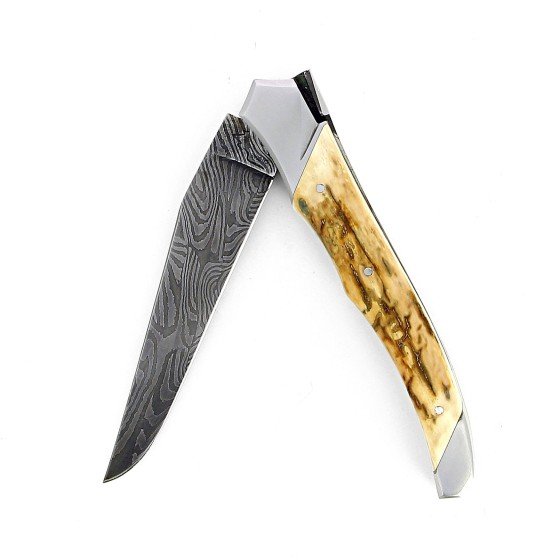 Laguiole Tribal 12 cm Abeille Forgée manche en ivoire de mammouth et deux mitres inox platines guillochées lame damas carbone