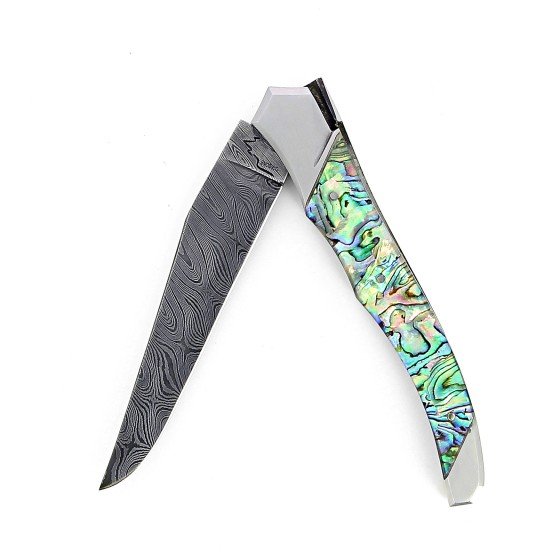 Laguiole Tribal 12 cm Abeille Forgée manche en abalone bleue et deux mitres inox platines guillochées lame damas carbone