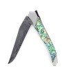 Laguiole Tribal 12 cm Abeille Forgée manche en abalone bleue et deux mitres inox platines guillochées lame damas carbone