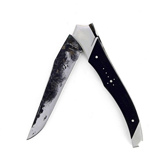 Laguiole Tribal 12 cm Abeille Forgée manche en bois ébène et deux mitres inox platines guillochées lame brute de forge Benoit l'Artisan