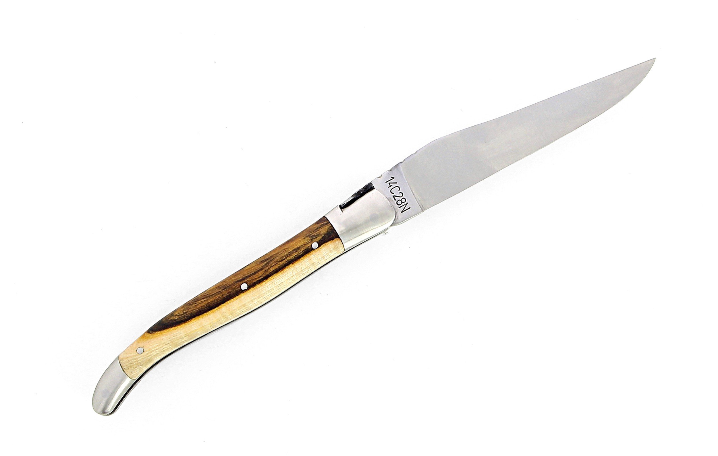 IG - Laguiole 12 cm Abeille Forgée manche en bois de pistachier et deux mitres inox lame 14C28 Benoit l'Artisan