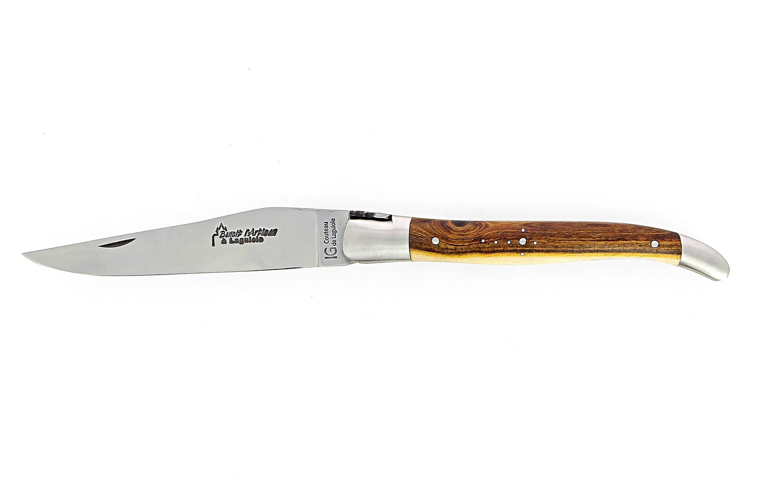 IG - Laguiole 12 cm Abeille Forgée manche en bois de pistachier et deux mitres inox lame 14C28 Benoit l'Artisan