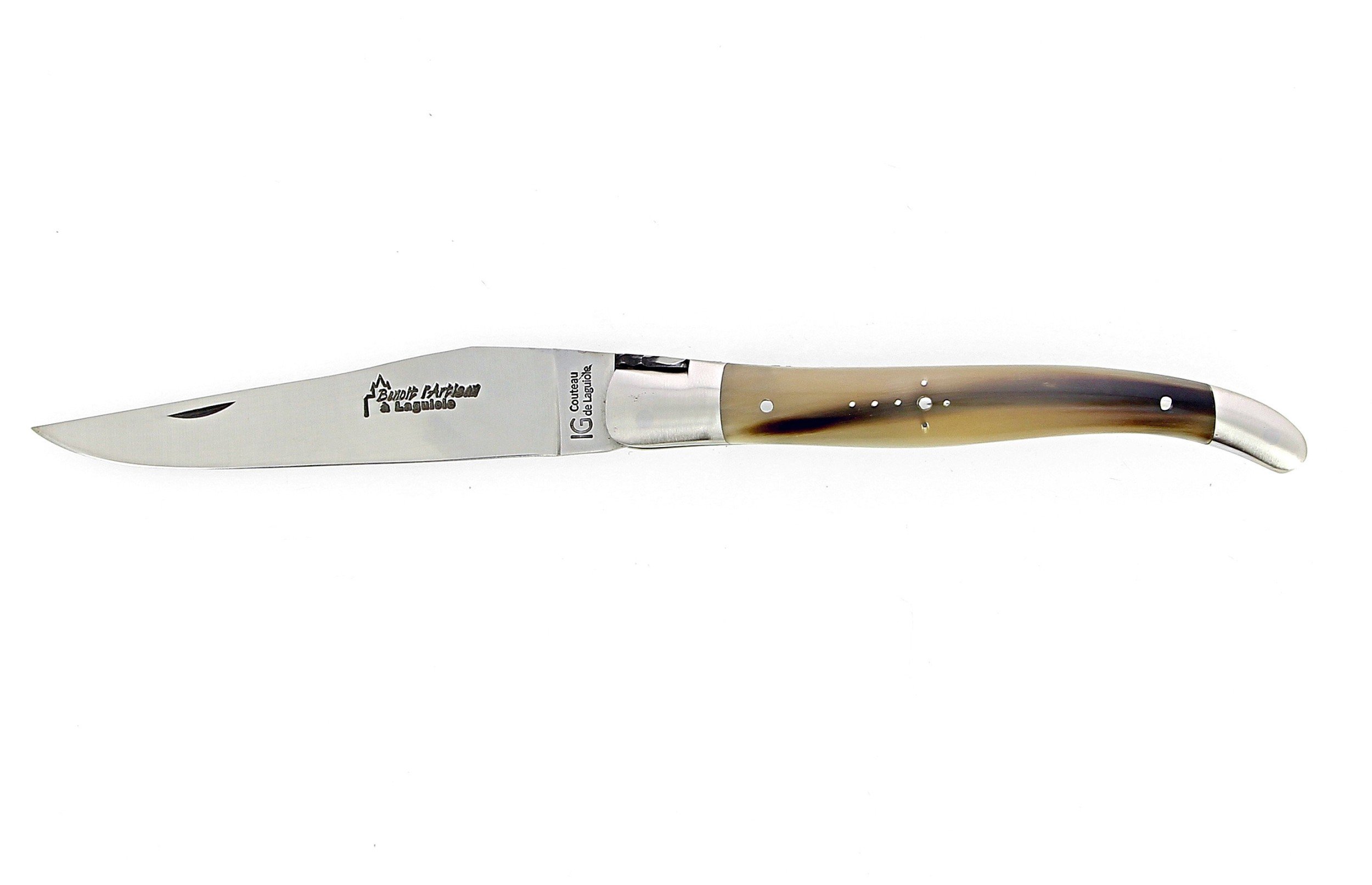 IG - Laguiole 12 cm Abeille Forgée manche en corne massive blonde et deux mitres inox lame 14C28 Benoit l'Artisan