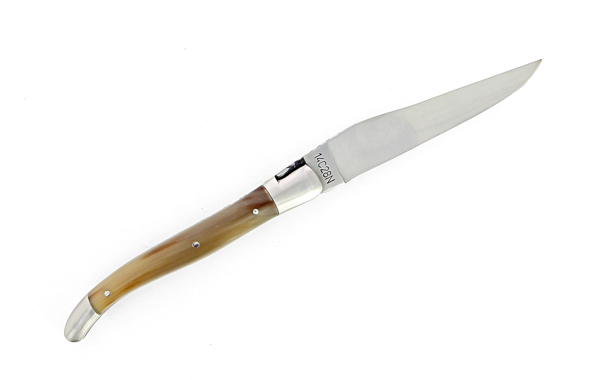 IG - Laguiole 12 cm Abeille Forgée manche en corne massive blonde et deux mitres inox lame 14C28 Benoit l'Artisan