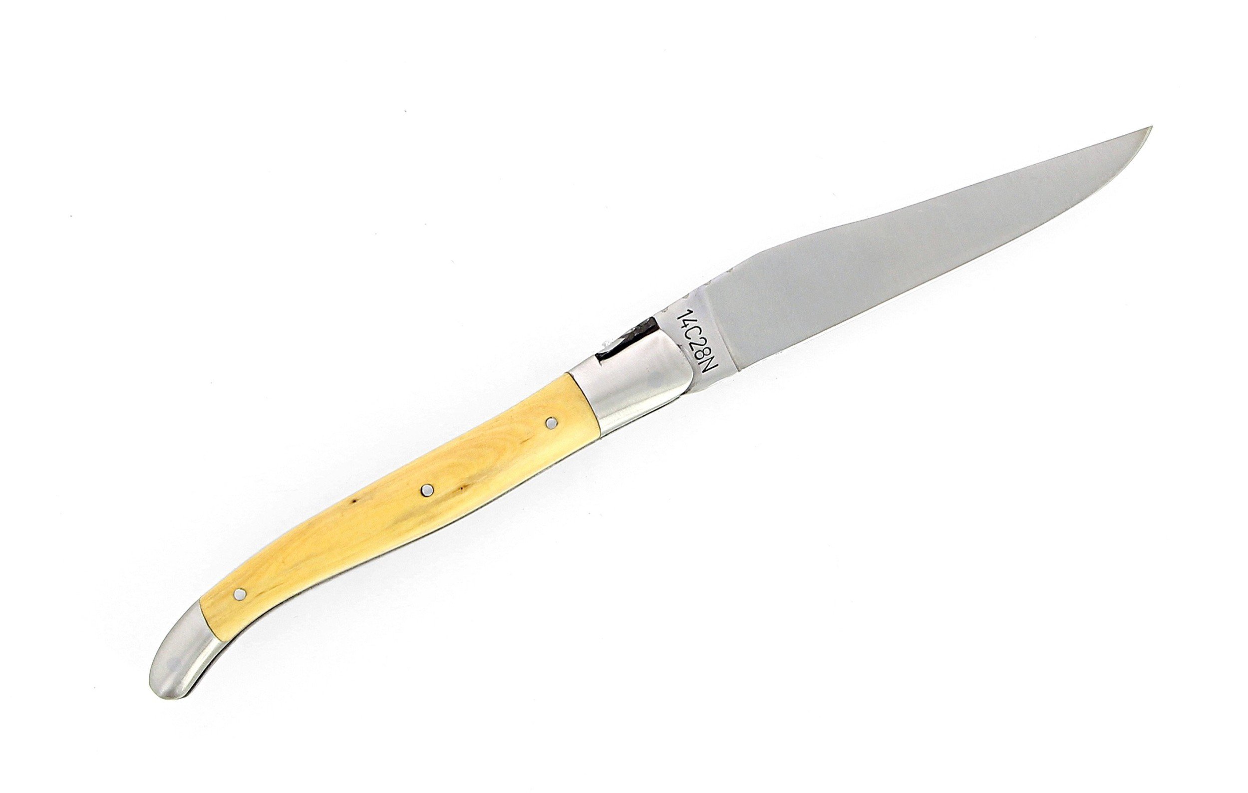 IG - Laguiole 12 cm Abeille Forgée manche en bois de buis et deux mitres inox lame 14C28 Benoit l'Artisan