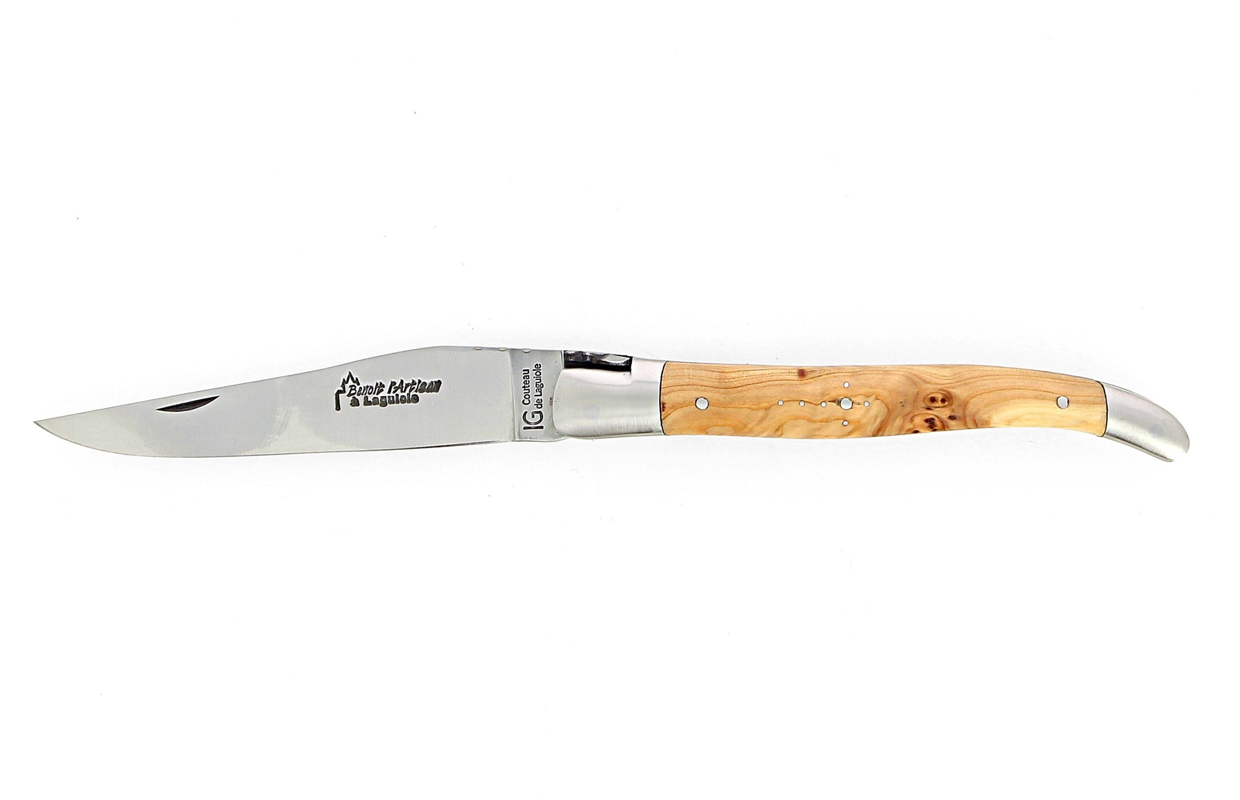 IG - Laguiole 12 cm Abeille Forgée manche en bois de cade et deux mitres inox lame 14C28 Benoit l'Artisan
