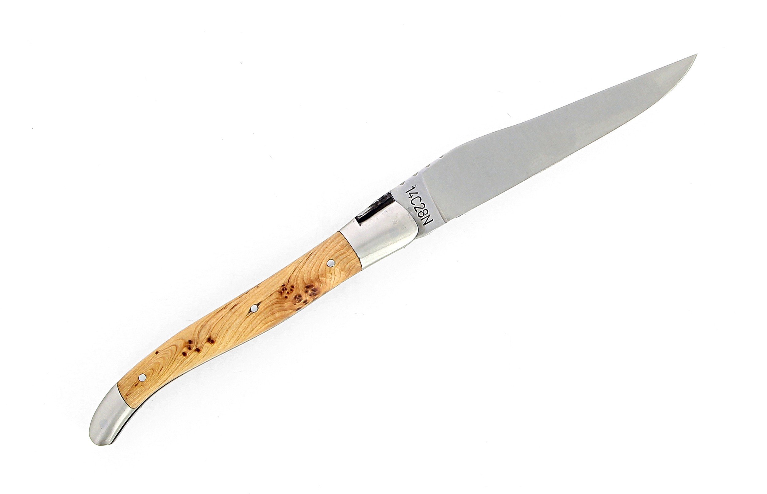 IG - Laguiole 12 cm Abeille Forgée manche en bois de cade et deux mitres inox lame 14C28 Benoit l'Artisan