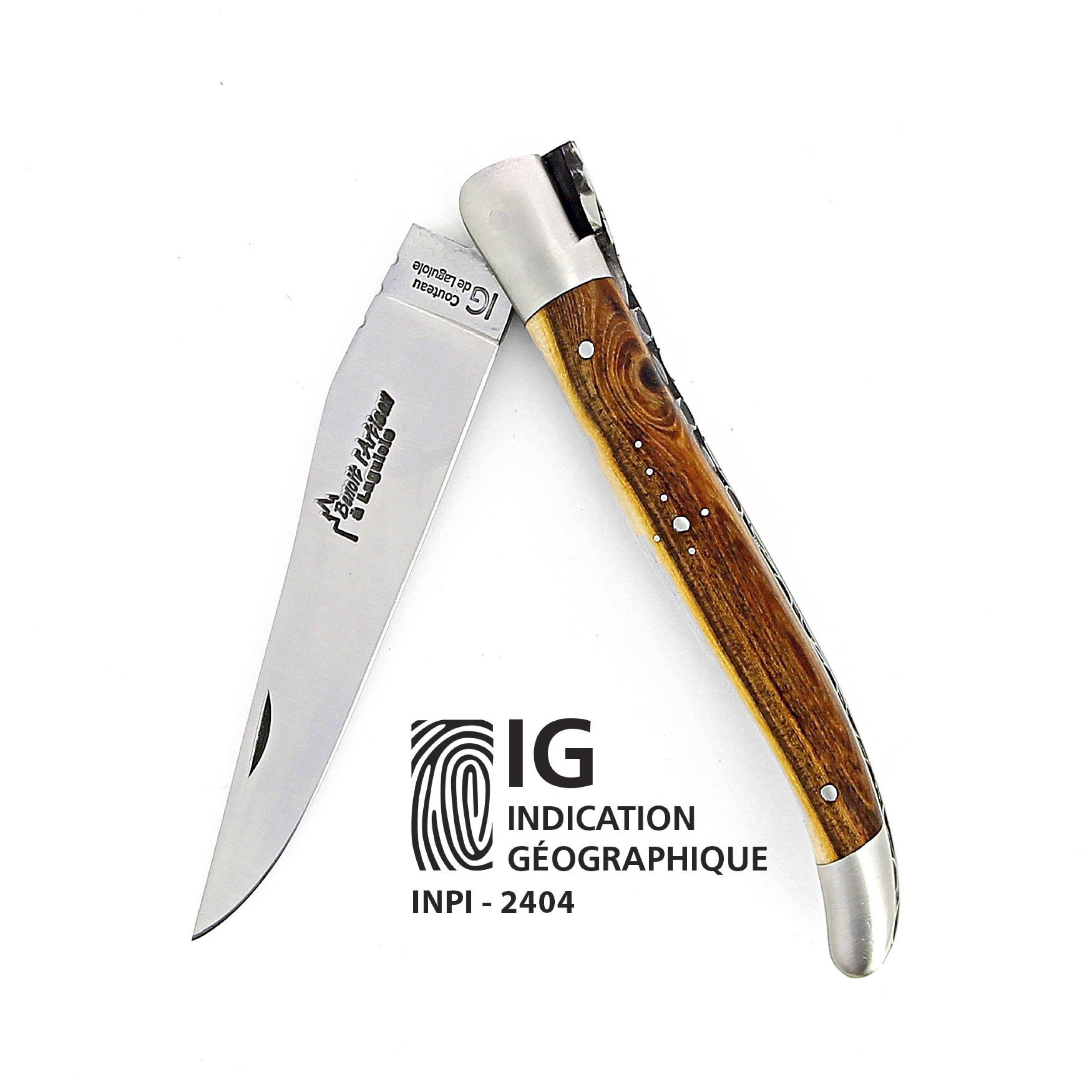 IG - Laguiole 12 cm Abeille Forgée manche en bois de pistachier et deux mitres inox lame 14C28 Benoit l'Artisan