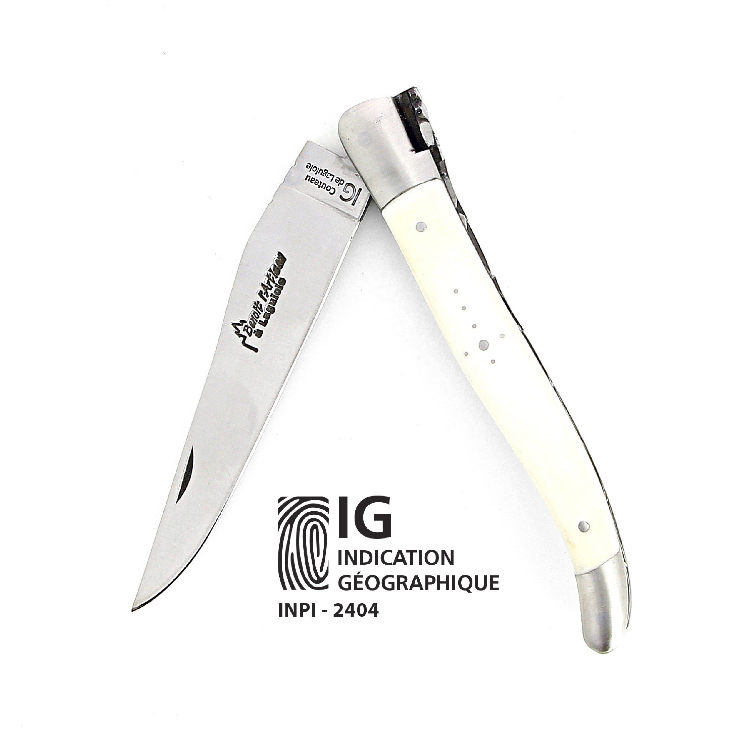 IG - Laguiole 12 cm Abeille Forgée manche en os de boeuf et deux mitres inox lame 14C28 Benoit l'Artisan