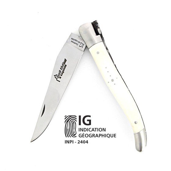 IG - Laguiole 12 cm Abeille Forgée manche en os de boeuf et deux mitres inox lame 14C28 Benoit l'Artisan