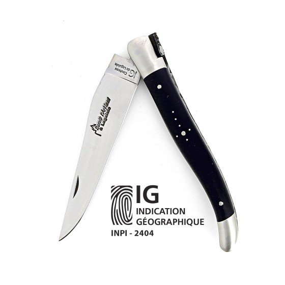 IG - Laguiole 12 cm Abeille Forgée manche en bois d'ébène et deux mitres inox lame 14C28 Benoit l'Artisan