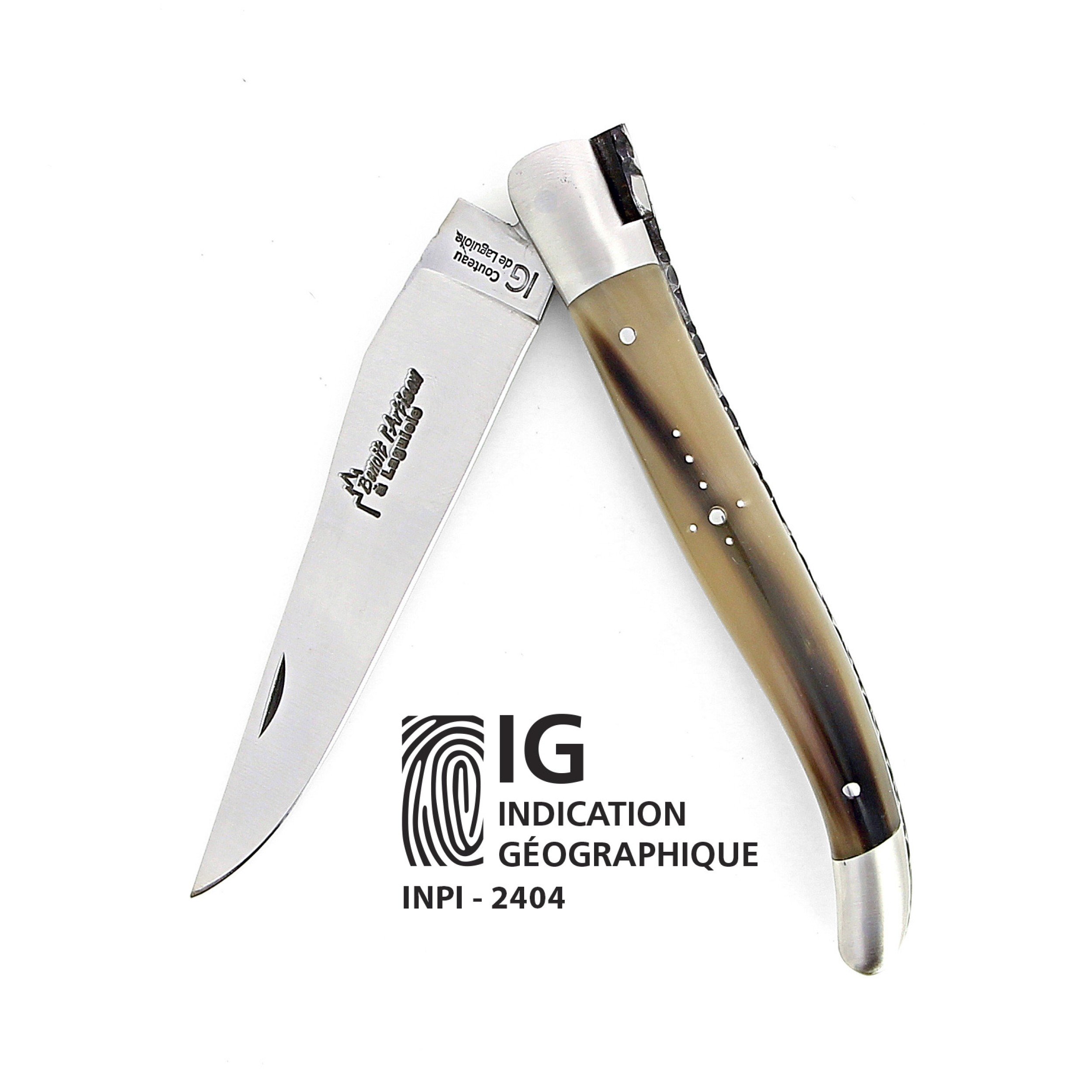 IG - Laguiole 12 cm Abeille Forgée manche en corne massive blonde et deux mitres inox lame 14C28 Benoit l'Artisan