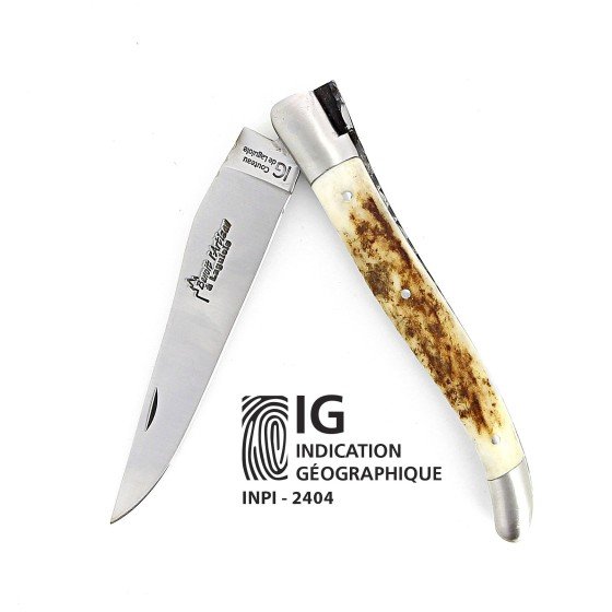 IG - Laguiole 12 cm Abeille Forgée manche en bois de cerf et deux mitres inox lame 14C28 Benoit l'Artisan