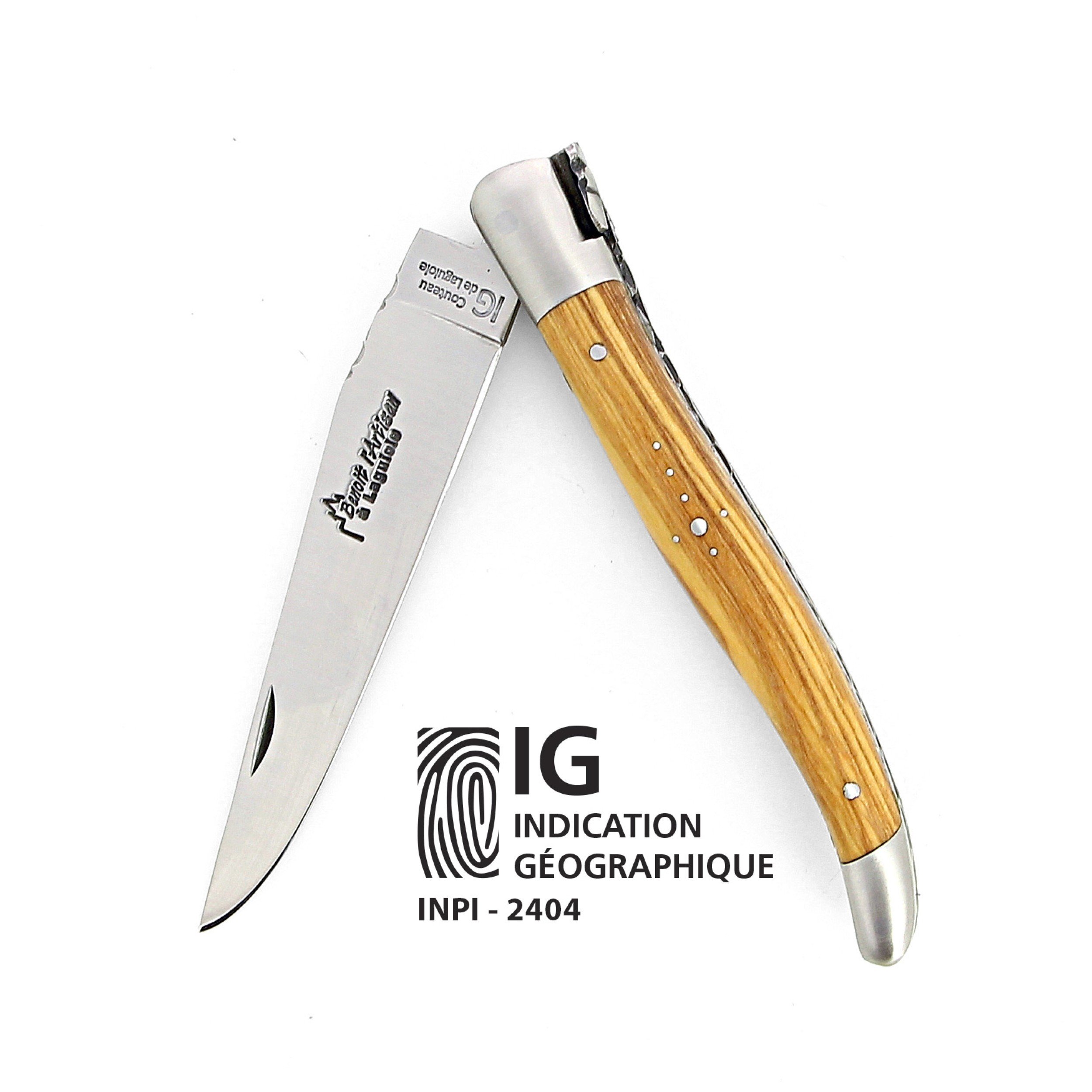 IG  - Laguiole 12 cm Abeille Forgée Double Platine manche en olivier et deux mitres inox lame 14C28 Benoit l'Artisan
