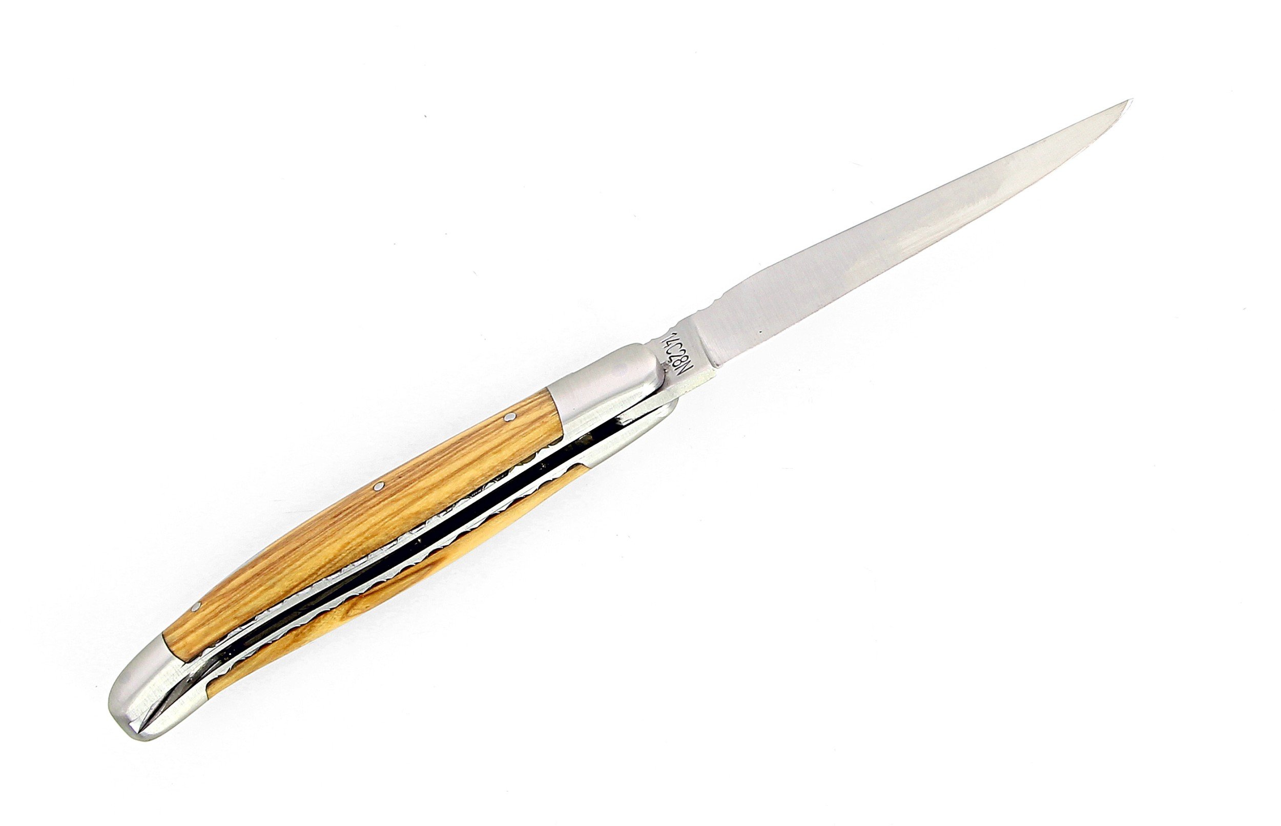 IG  - Laguiole 12 cm Abeille Forgée Double Platine manche en olivier et deux mitres inox lame 14C28 Benoit l'Artisan