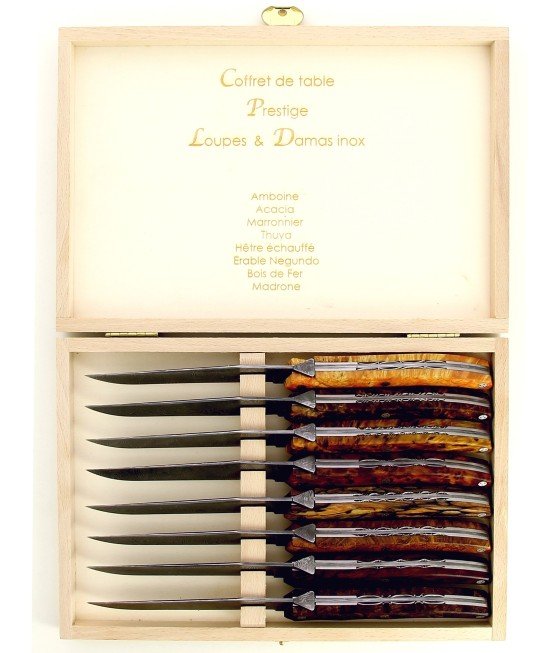Coffret Laguiole Le Tribal de 8 couteaux de table manche loupe et soies damas inox