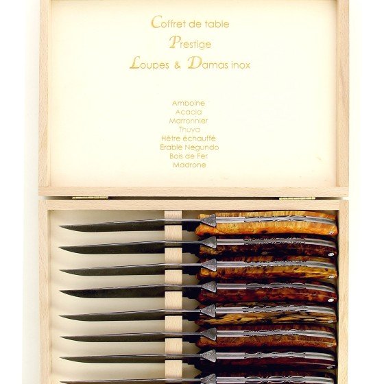 Coffret Laguiole Le Tribal de 8 couteaux de table manche loupe et soies damas inox