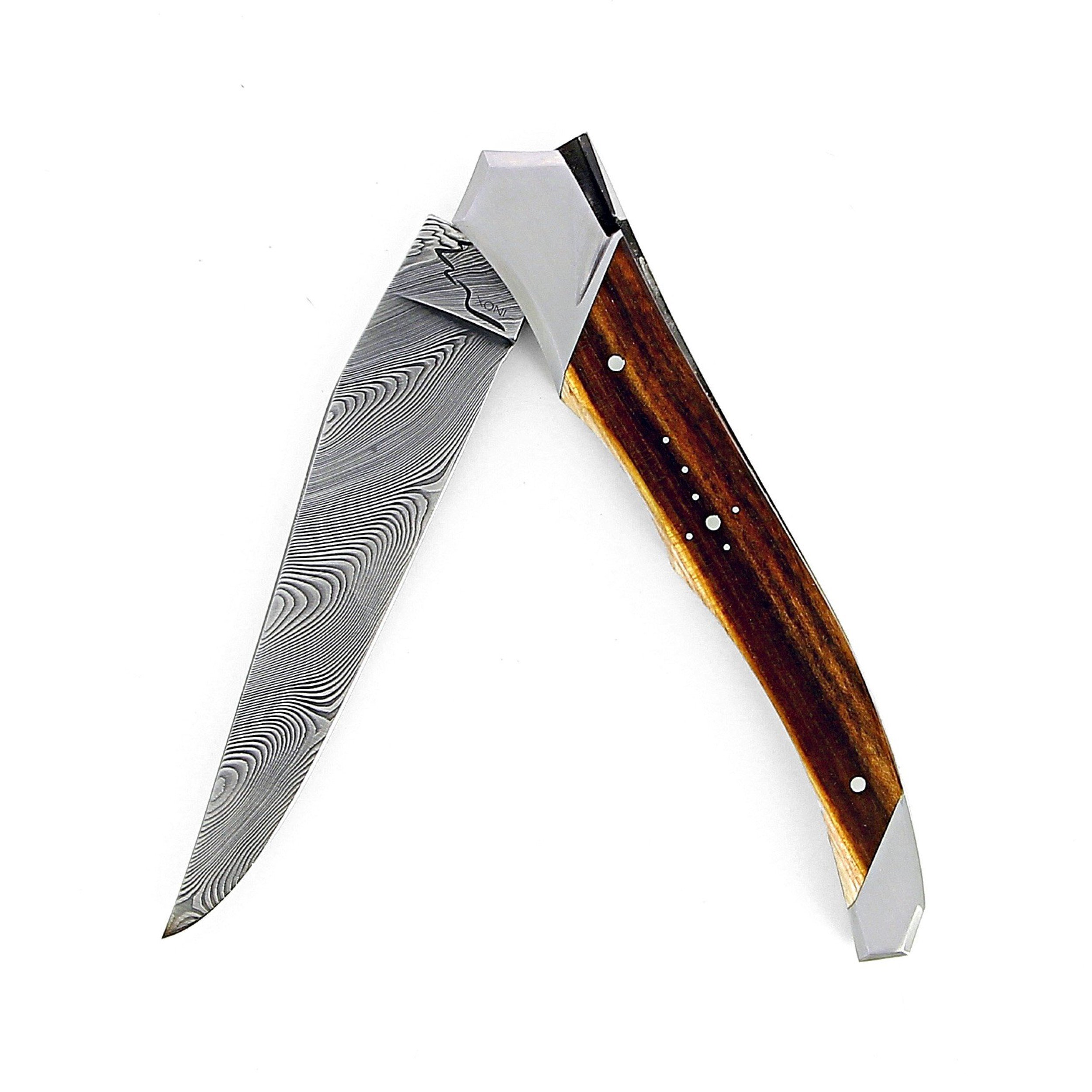 Laguiole Tribal 12 cm Abeille Forgée manche en bois de pistachier et deux mitres inox platines guillochées lame damas inox