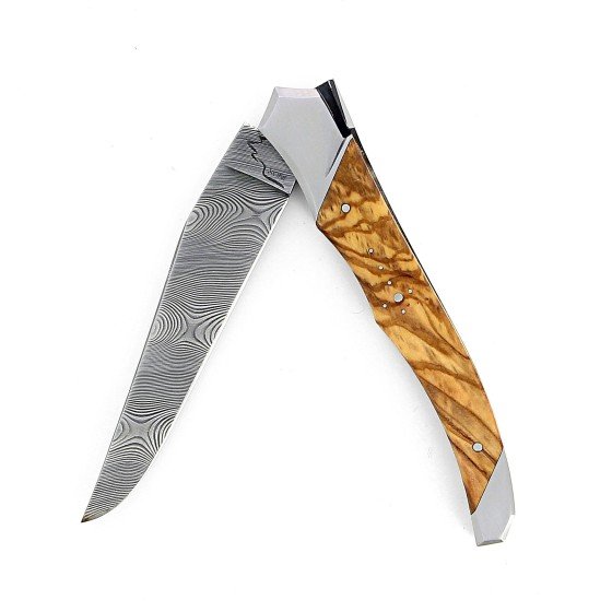 Laguiole Tribal 12 cm Abeille Forgée manche en olivier et deux mitres inox platines guillochées lame Damas Inox