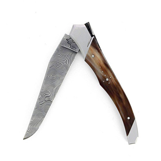 Laguiole Tribal 12 cm Abeille Forgée manche en corne massive blonde et deux mitres inox platines guillochées lame damas inox