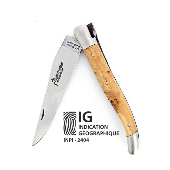 IG - Laguiole 12 cm Abeille Forgée manche en bois de cade et deux mitres inox lame 14C28 Benoit l'Artisan