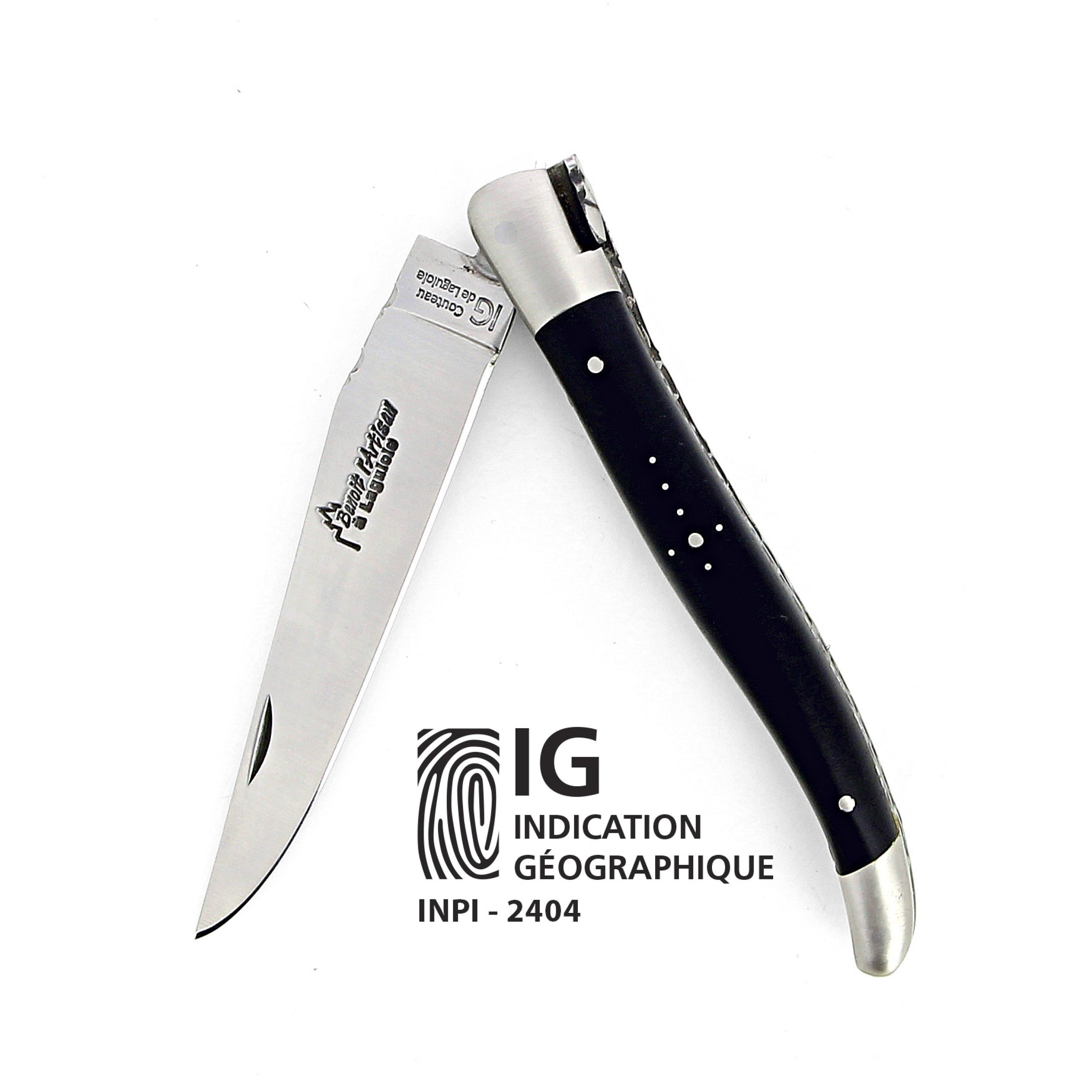 IG  - Laguiole 12 cm Abeille Forgée Double Platine manche en ébène et deux mitres inox lame 14C28 Benoit l'Artisan