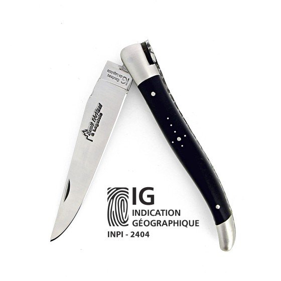 IG  - Laguiole 12 cm Abeille Forgée Double Platine manche en ébène et deux mitres inox lame 14C28 Benoit l'Artisan
