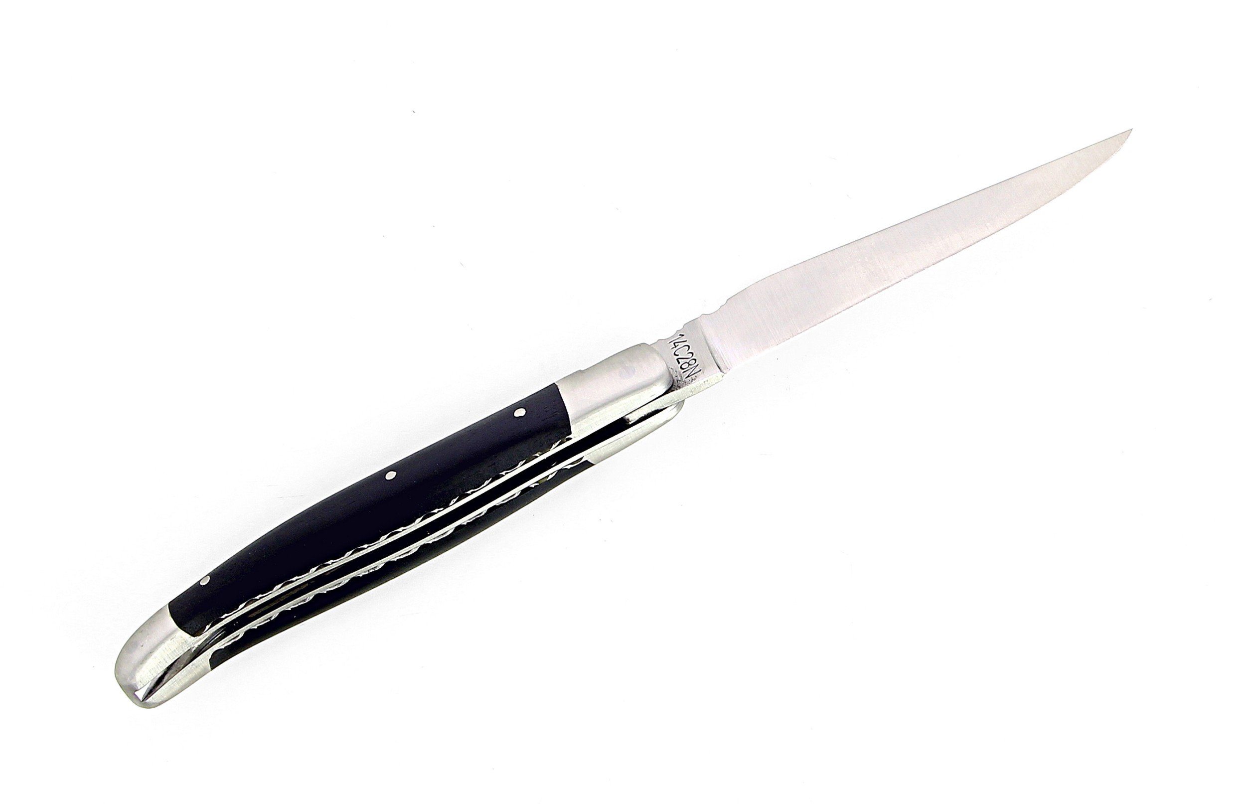 IG  - Laguiole 12 cm Abeille Forgée Double Platine manche en ébène et deux mitres inox lame 14C28 Benoit l'Artisan