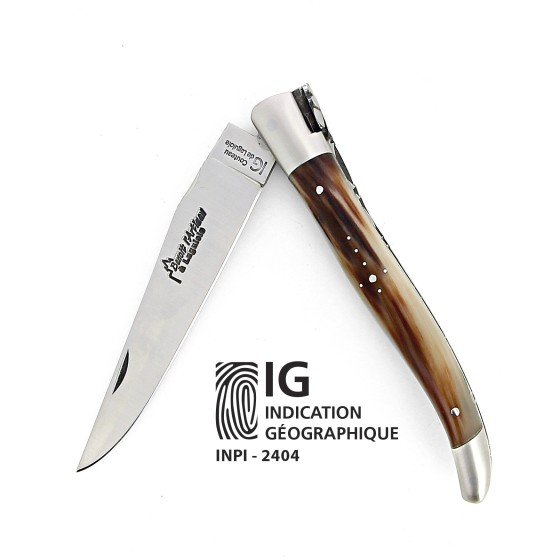 IG  - Laguiole 12 cm Abeille Forgée Double Platine manche en pointe de corne blonde et deux mitres inox lame 14C28 Benoit l'Artisan