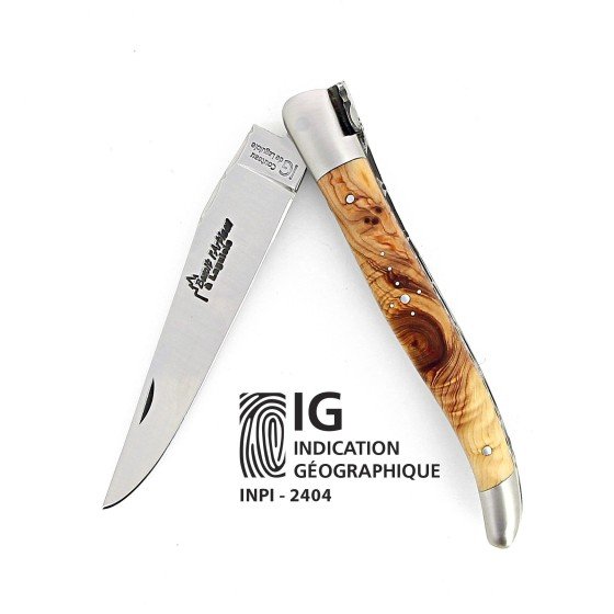 IG  - Laguiole 12 cm Abeille Forgée Double Platine manche en genévrier et deux mitres inox lame 14C28 Benoit l'Artisan