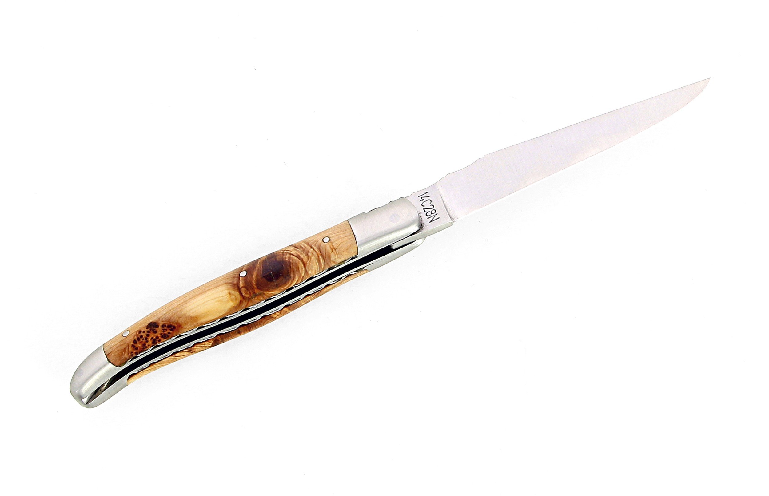 IG  - Laguiole 12 cm Abeille Forgée Double Platine manche en genévrier et deux mitres inox lame 14C28 Benoit l'Artisan