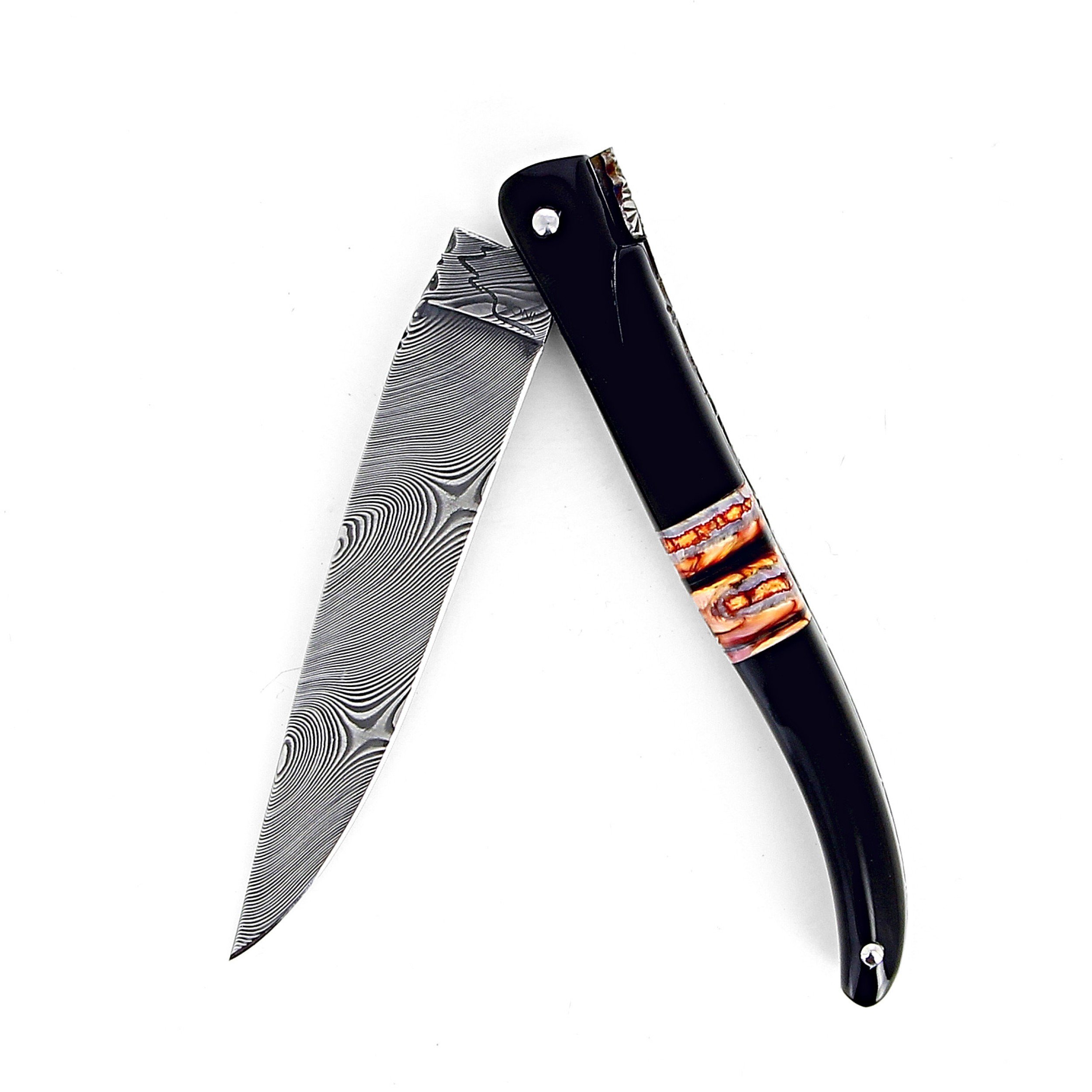 Couteau de Laguiole, corne noire, molaire de mammouth lame damas