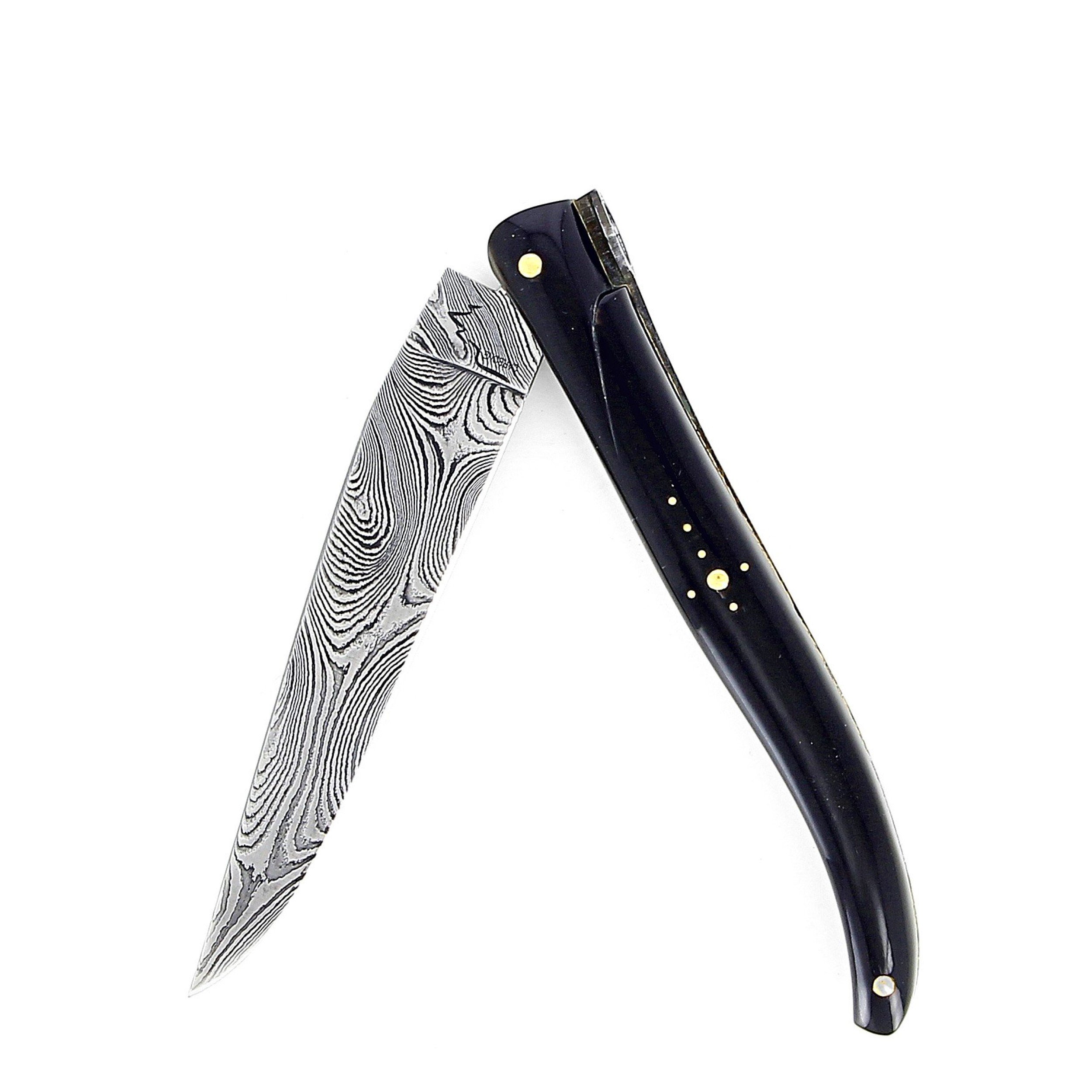 Couteau de Laguiole plein manche, corne noire, damas